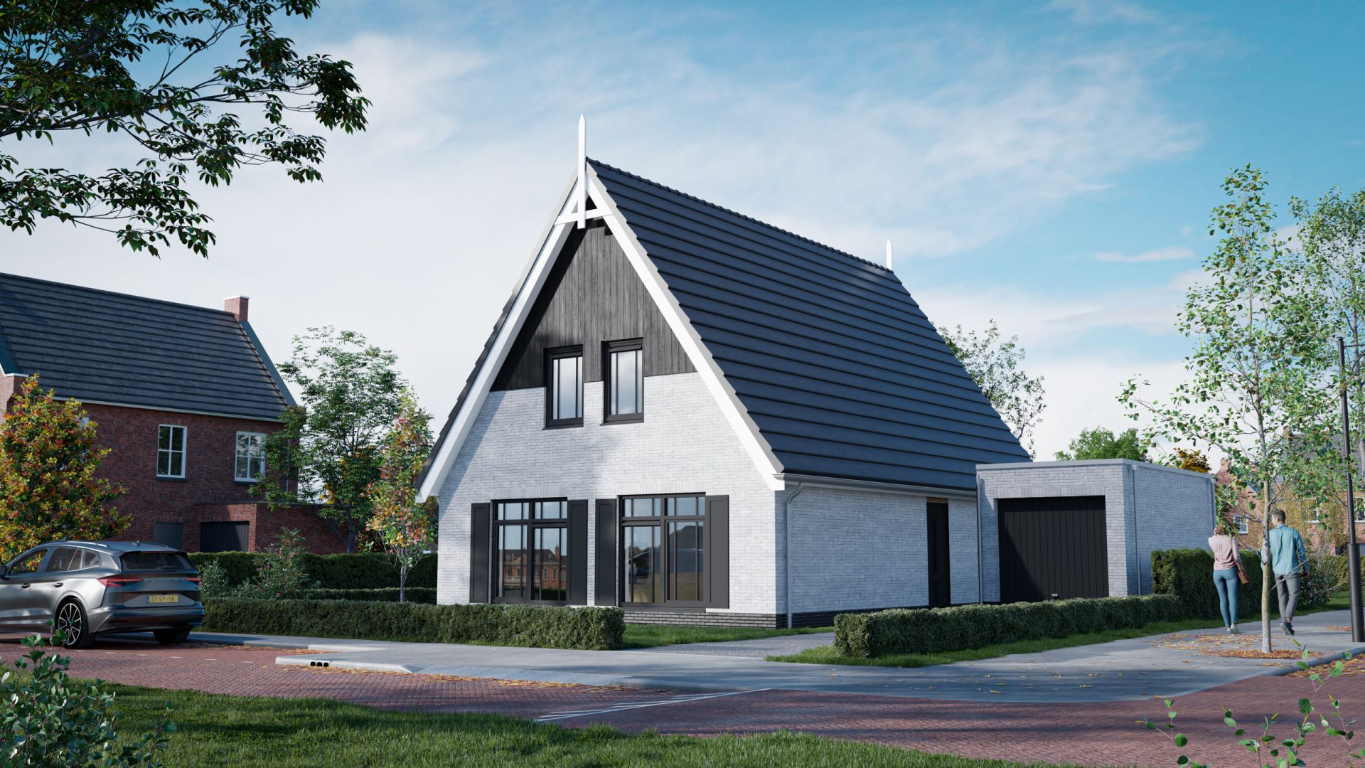 Landelijk huis bouwen met Heerlijkhuis ontwerp online type Emma met witte gevels en zwarte kozijnen