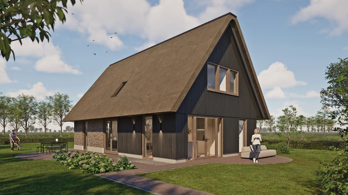 Voorzijde van woningtype Emma met rieten kap in Nijbroek